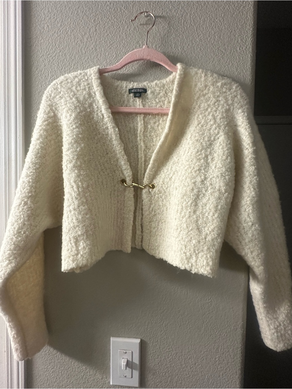wild fable Cream Bouclé Cropped Cardigan with Gold Hook